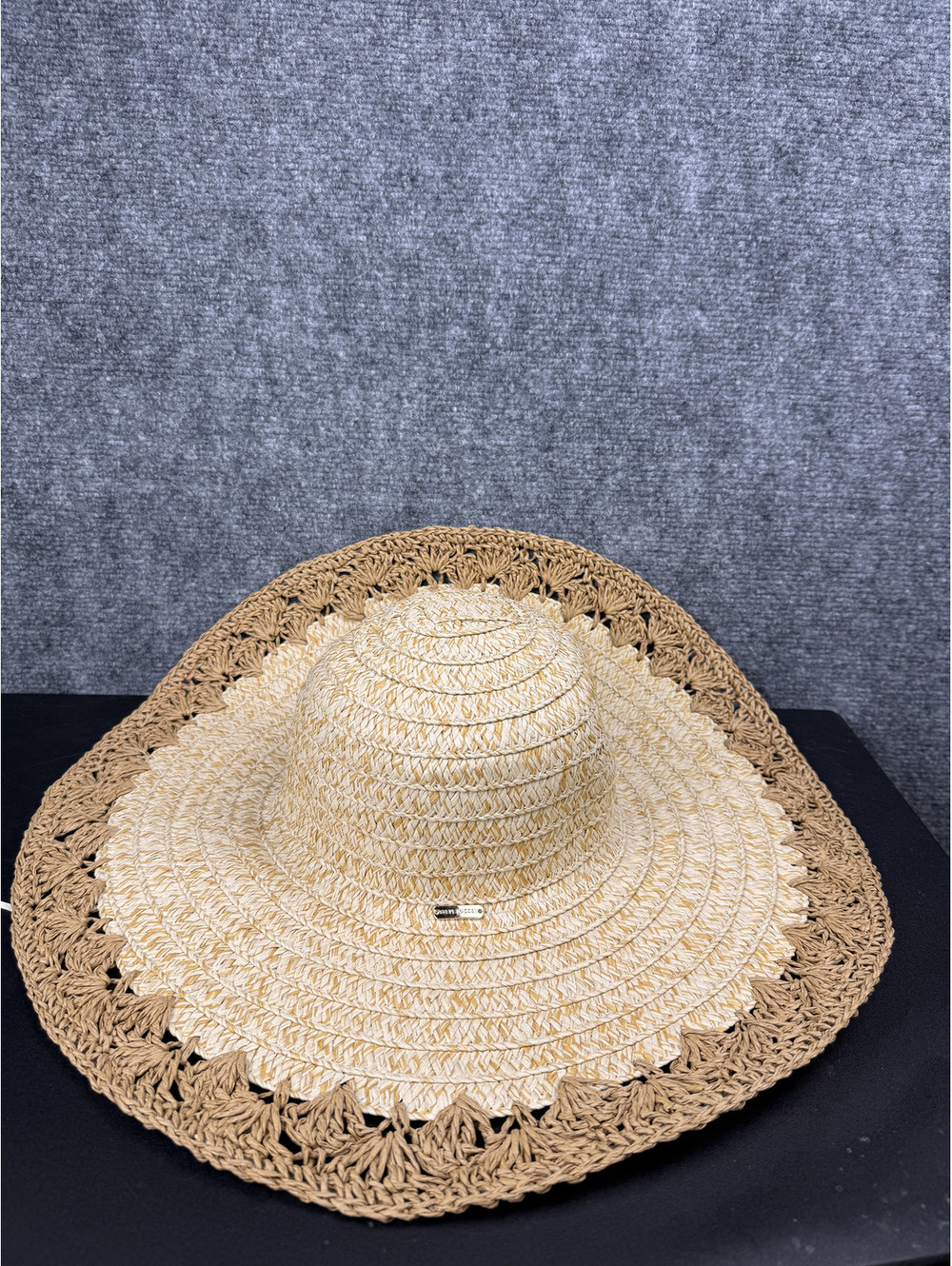 Steve Madden Women's Straw Wide Brim Sun Hat with Brown Trim